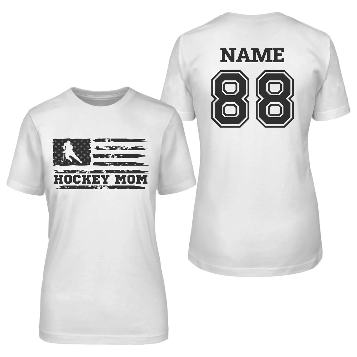 Hockey Mom Horizontal Flag With Hockey Player Name on a Unisex T-Shirt with a Black Graphic
