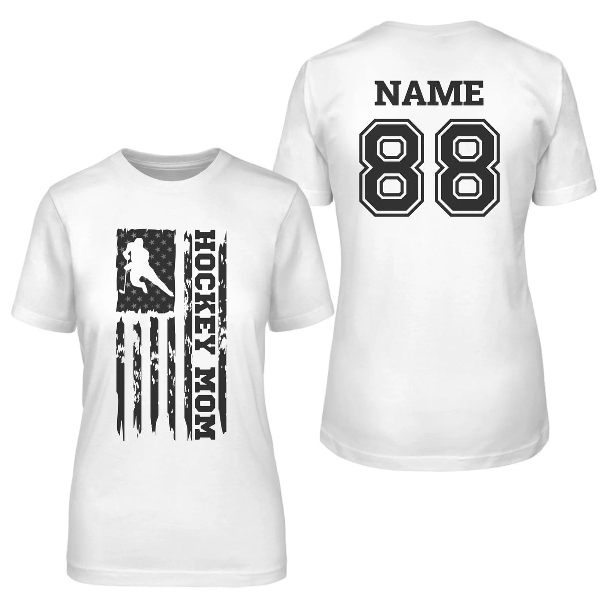 Hockey Mom Vertical Flag With Hockey Player Name on a Unisex T-Shirt with a Black Graphic