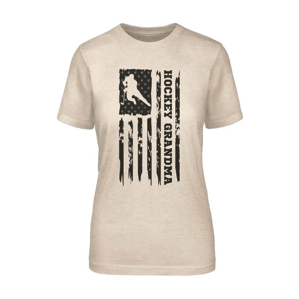 Hockey Grandma Vertical Flag on a Unisex T-Shirt with a Black Graphic