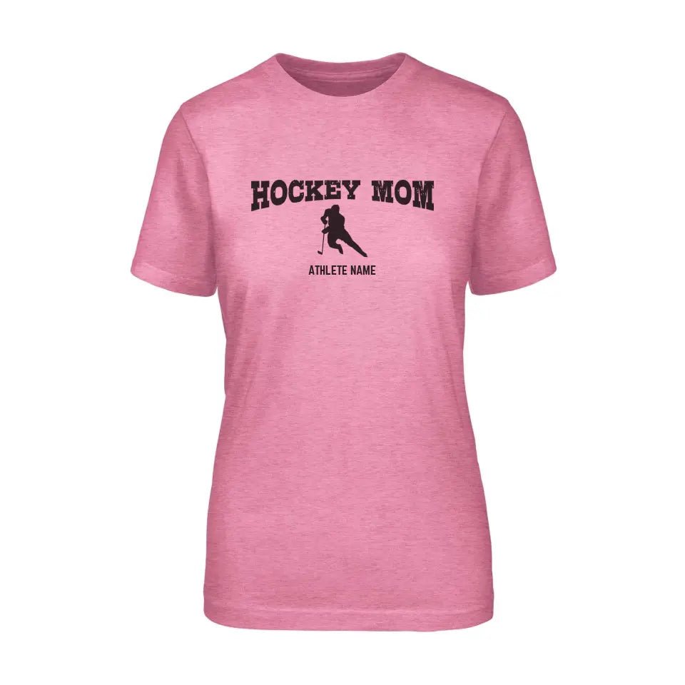 Hockey Mom with Hockey Player Icon and Hockey Player Name on a Unisex T-Shirt with a Black Graphic
