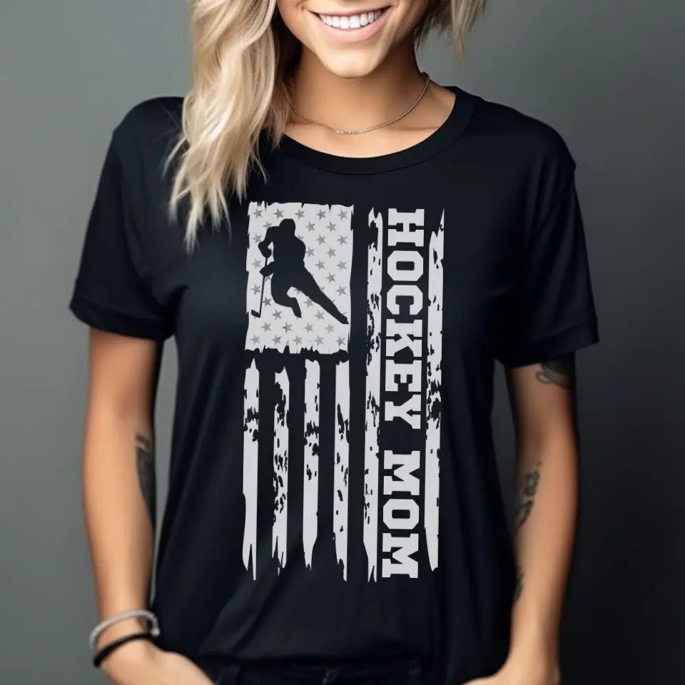 Hockey Mom Vertical Flag on a Unisex T-Shirt with a White Graphic