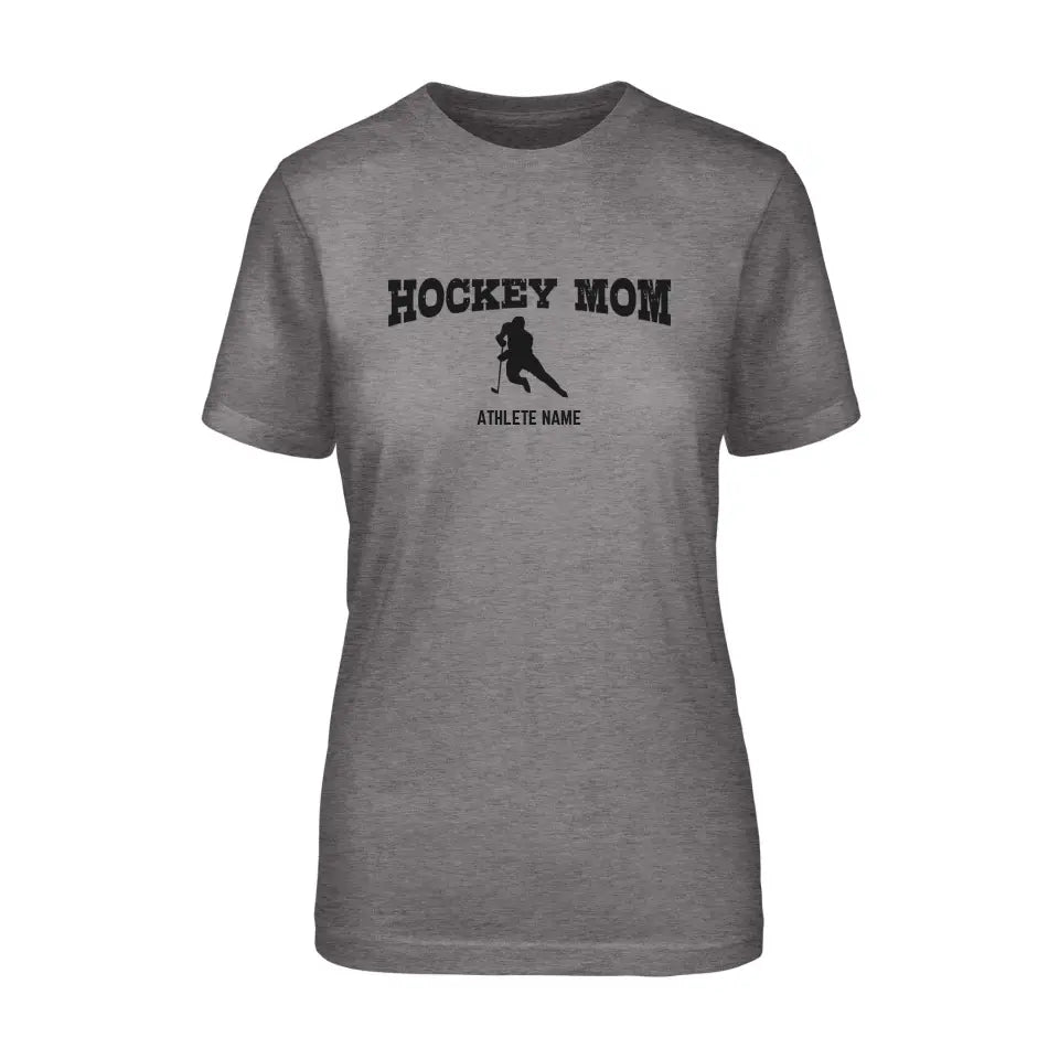 Hockey Mom with Hockey Player Icon and Hockey Player Name on a Unisex T-Shirt with a Black Graphic