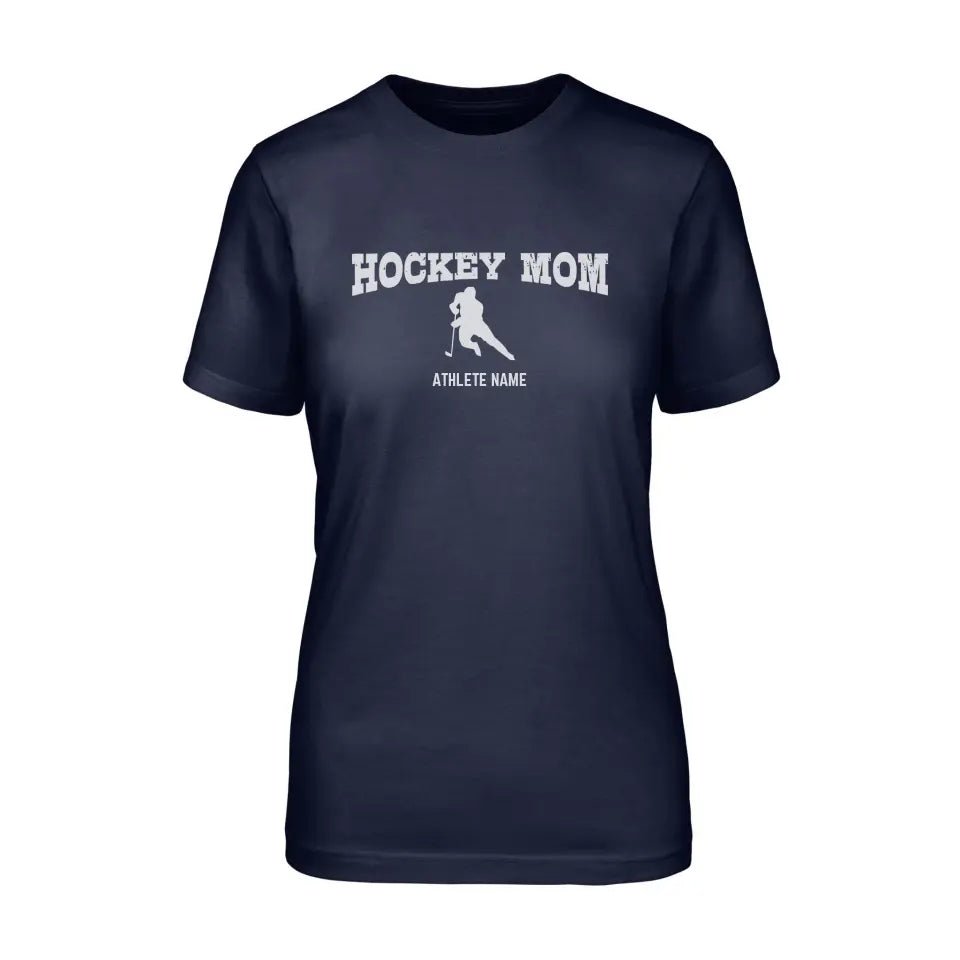 Hockey Mom with Hockey Player Icon and Hockey Player Name on a Unisex T-Shirt with a White Graphic