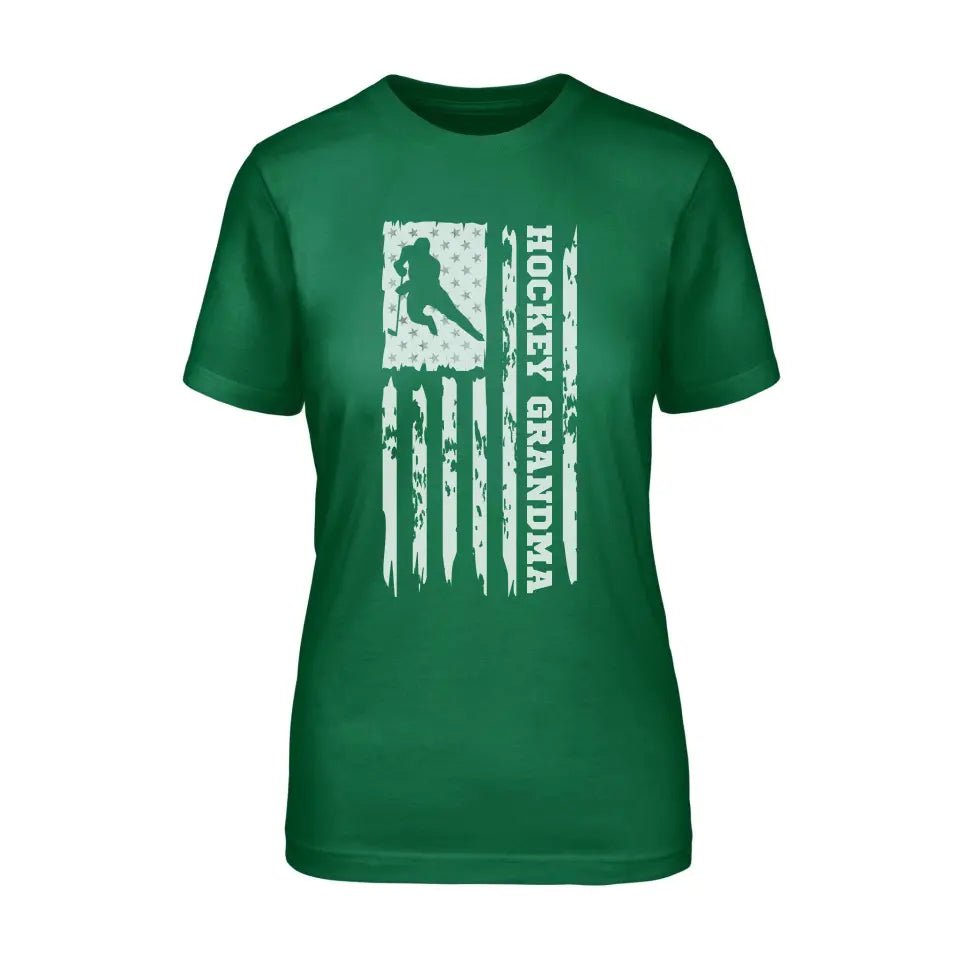 Hockey Grandma Vertical Flag on a Unisex T-Shirt with a White Graphic