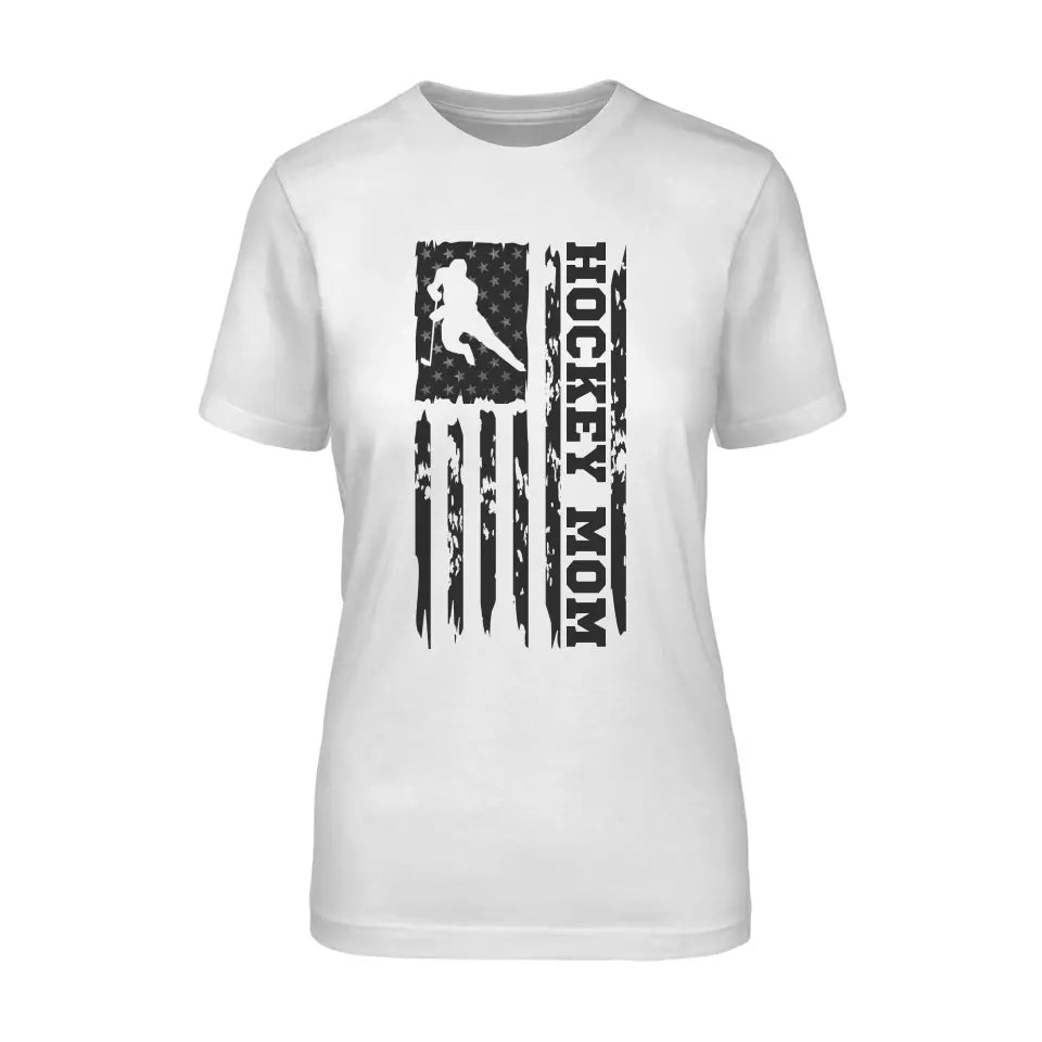 Hockey Mom Vertical Flag on a Unisex T-Shirt with a Black Graphic