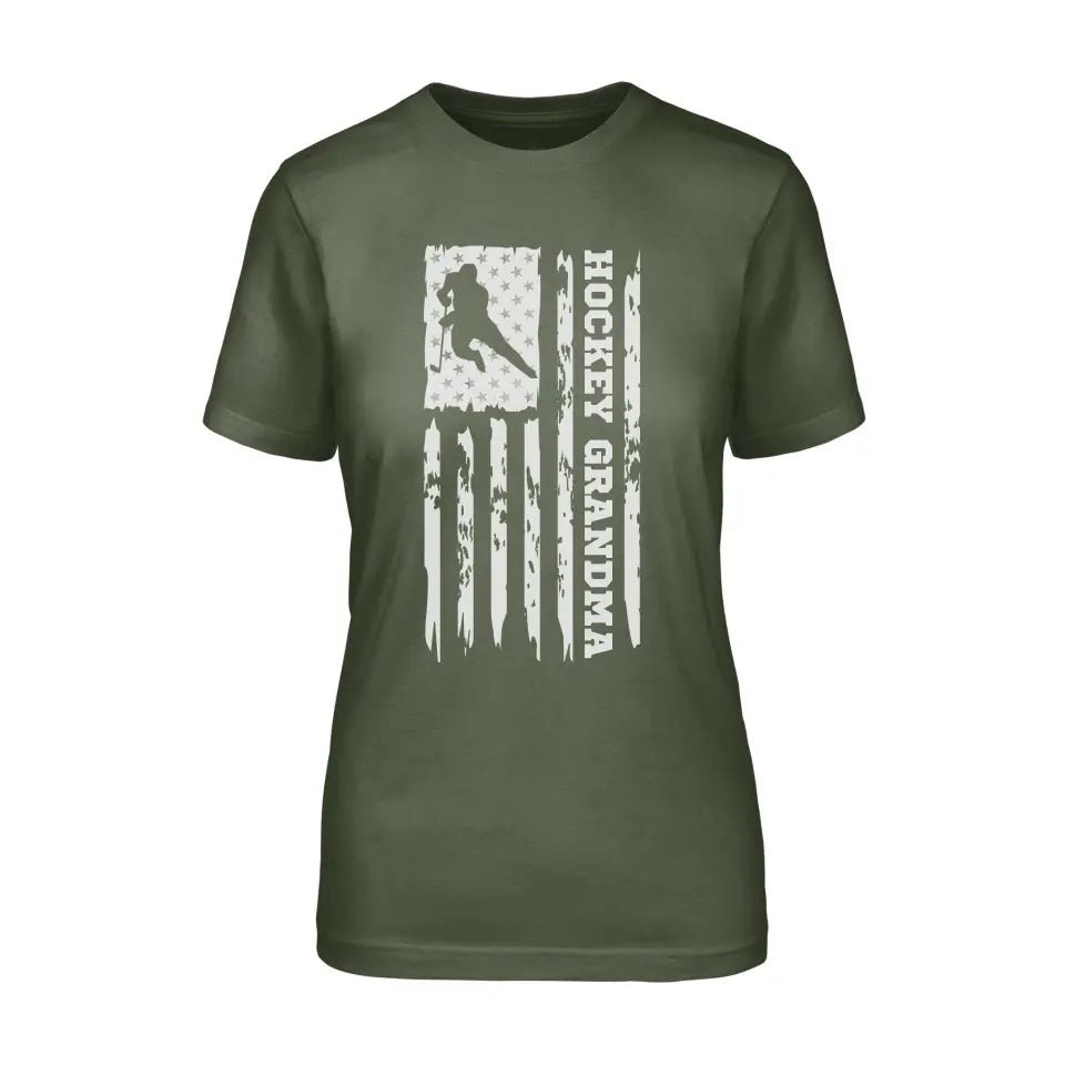 Hockey Grandma Vertical Flag on a Unisex T-Shirt with a White Graphic