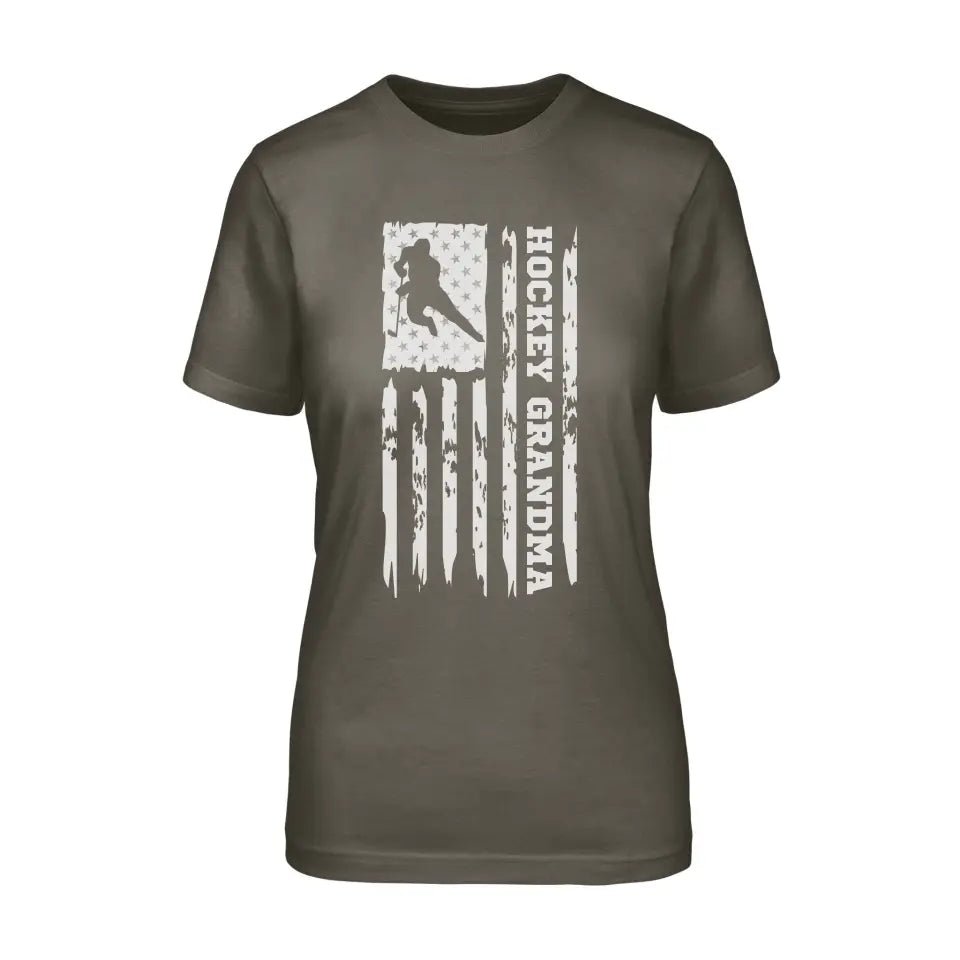 Hockey Grandma Vertical Flag on a Unisex T-Shirt with a White Graphic