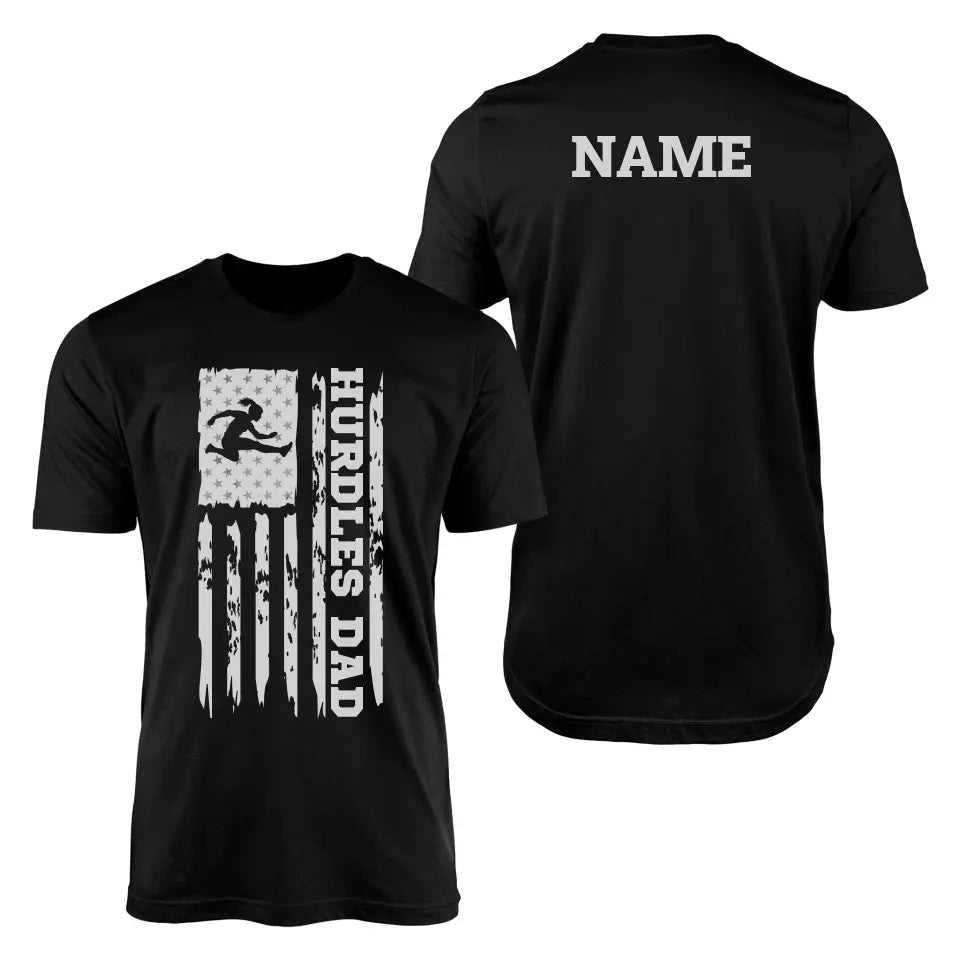 Hurdles Dad Vertical Flag With Hurdler Name on a Men's T-Shirt with a White Graphic