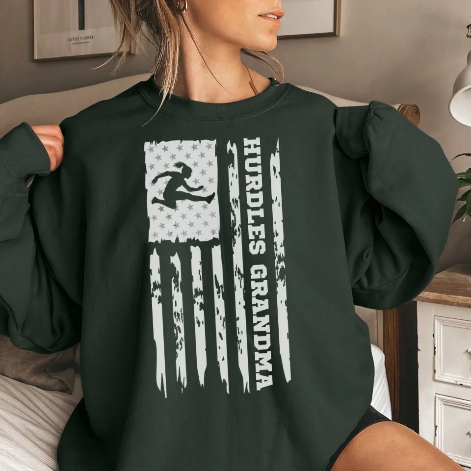 Hurdles Grandma Vertical Flag on a Sweatshirt with a White Graphic