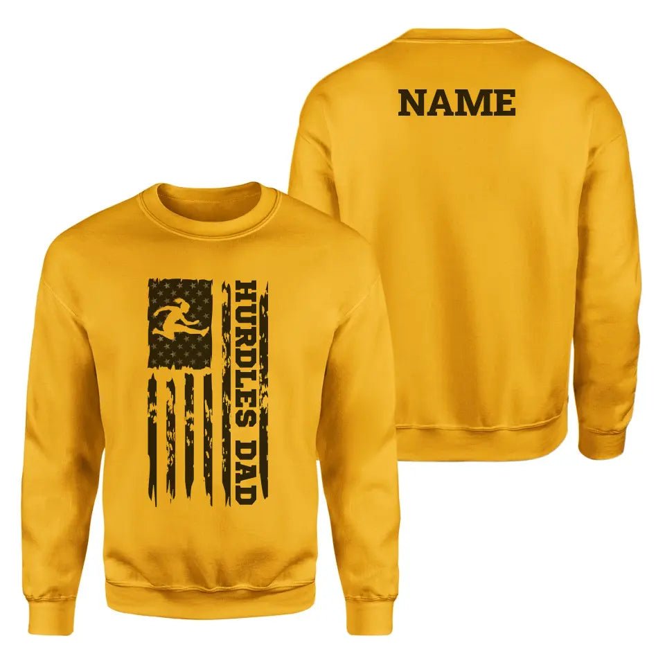Hurdles Dad Vertical Flag With Hurdler Name on a Sweatshirt with a Black Graphic