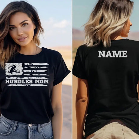Hurdles Mom Horizontal Flag With Hurdler Name on a Unisex T-Shirt with a White Graphic