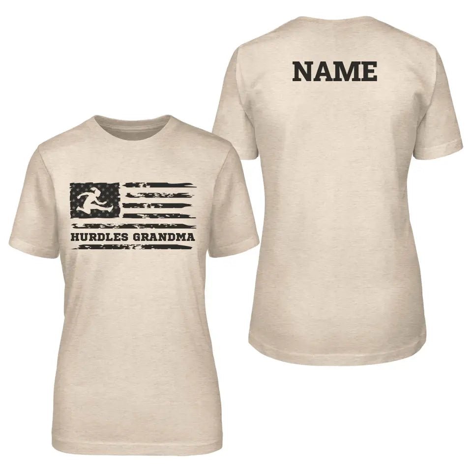 Hurdles Grandma Horizontal Flag With Hurdler Name on a Unisex T-Shirt with a Black Graphic