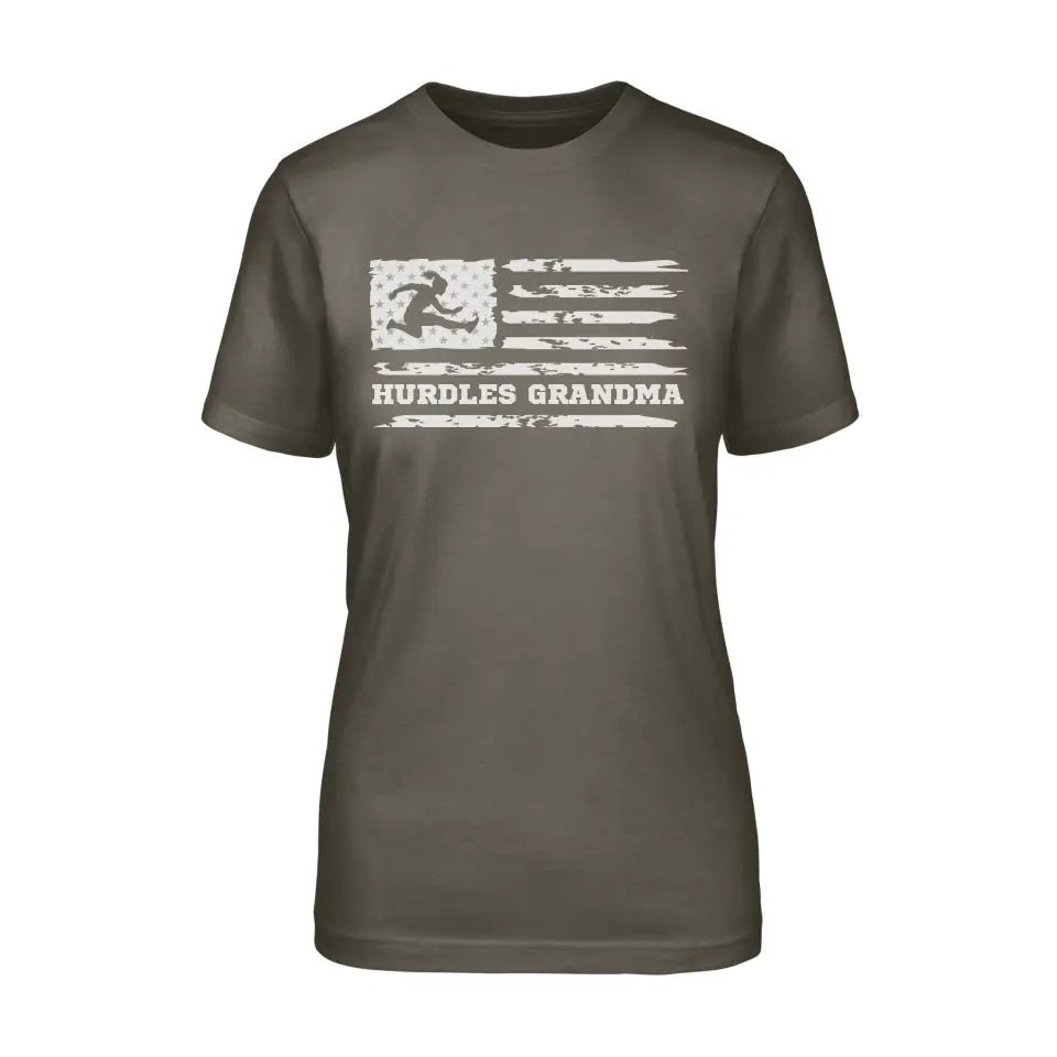 Hurdles Grandma Horizontal Flag on a Unisex T-Shirt with a White Graphic