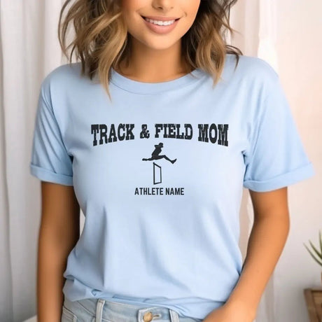 Hurdles Mom with Hurdler Icon and Hurdler Name on a Unisex T-Shirt with a Black Graphic