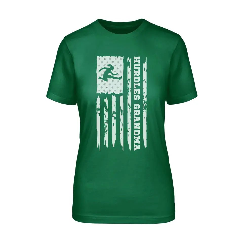 Hurdles Grandma Vertical Flag on a Unisex T-Shirt with a White Graphic