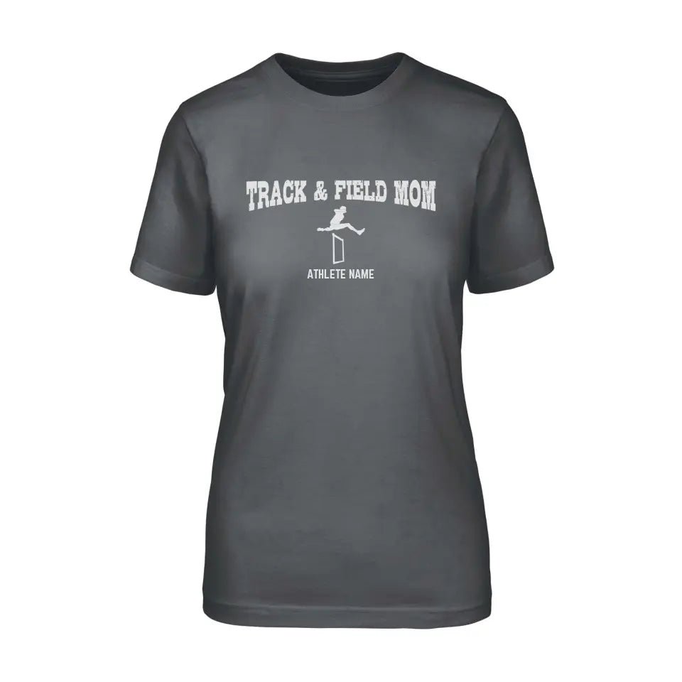 Hurdles Mom with Hurdler Icon and Hurdler Name on a Unisex T-Shirt with a White Graphic