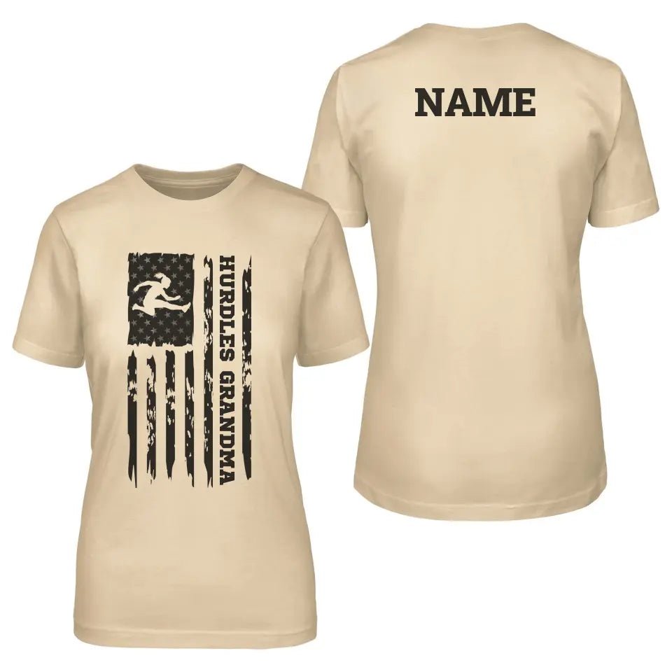 Hurdles Grandma Vertical Flag With Hurdler Name on a Unisex T-Shirt with a Black Graphic
