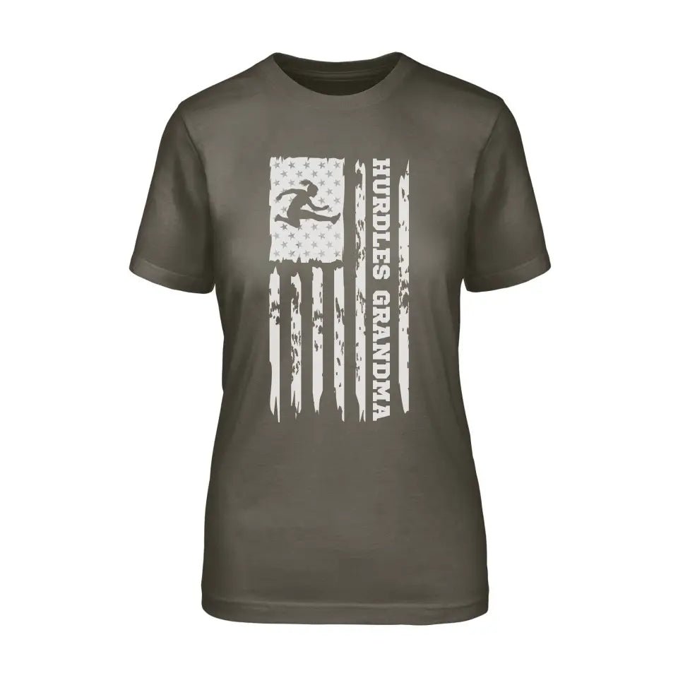 Hurdles Grandma Vertical Flag on a Unisex T-Shirt with a White Graphic