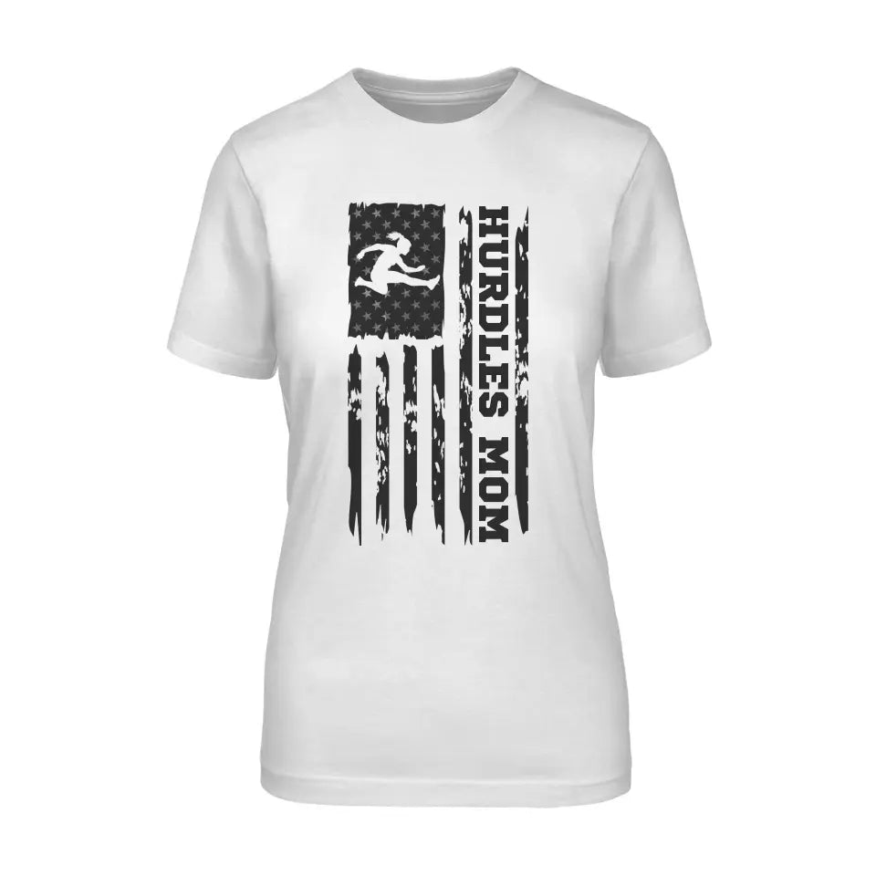 Hurdles Mom Vertical Flag on a Unisex T-Shirt with a Black Graphic