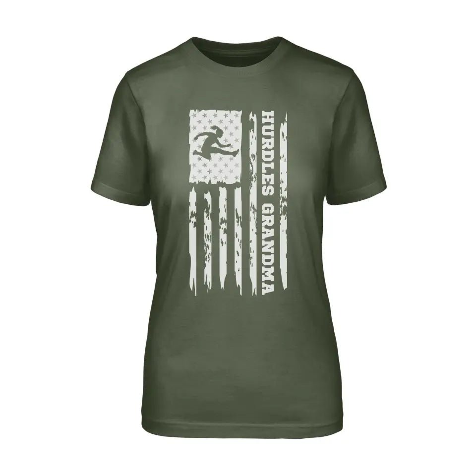 Hurdles Grandma Vertical Flag on a Unisex T-Shirt with a White Graphic