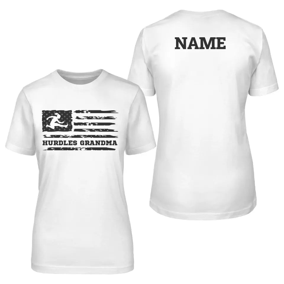 Hurdles Grandma Horizontal Flag With Hurdler Name on a Unisex T-Shirt with a Black Graphic