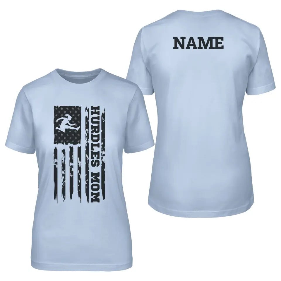 Hurdles Mom Vertical Flag With Hurdler Name on a Unisex T-Shirt with a Black Graphic