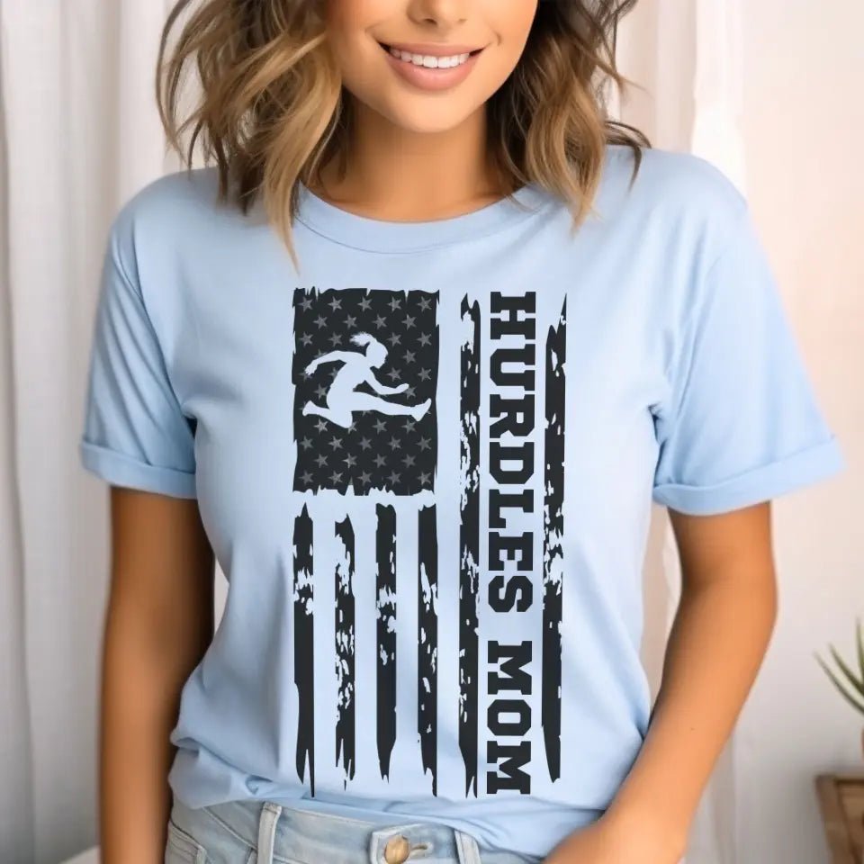 Hurdles Mom Vertical Flag on a Unisex T-Shirt with a Black Graphic