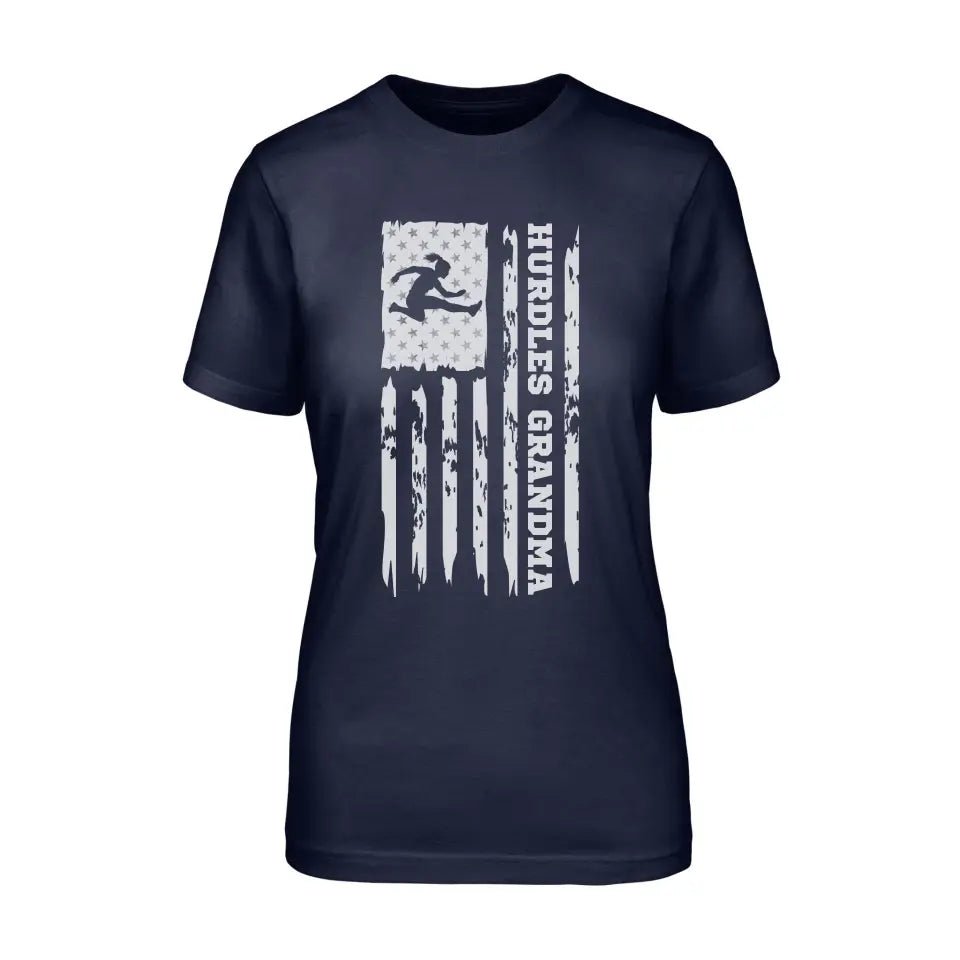 Hurdles Grandma Vertical Flag on a Unisex T-Shirt with a White Graphic