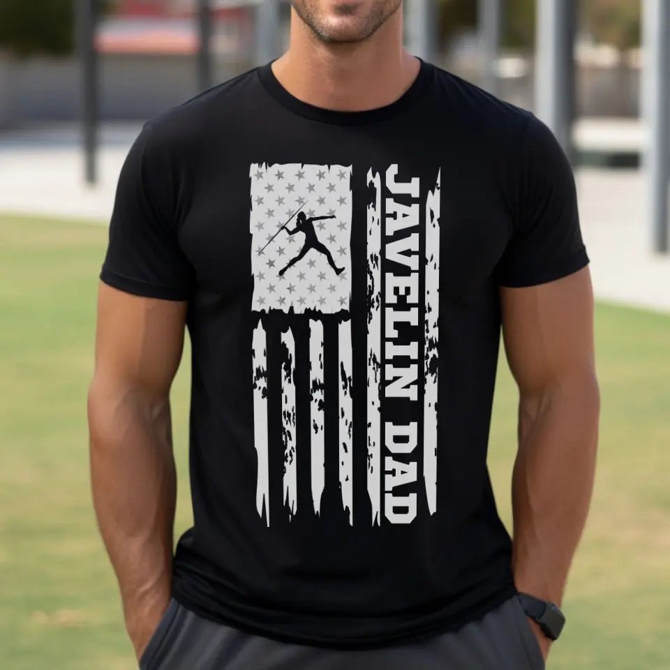 Javelin Dad Vertical Flag on a Men's T-Shirt with a White Graphic
