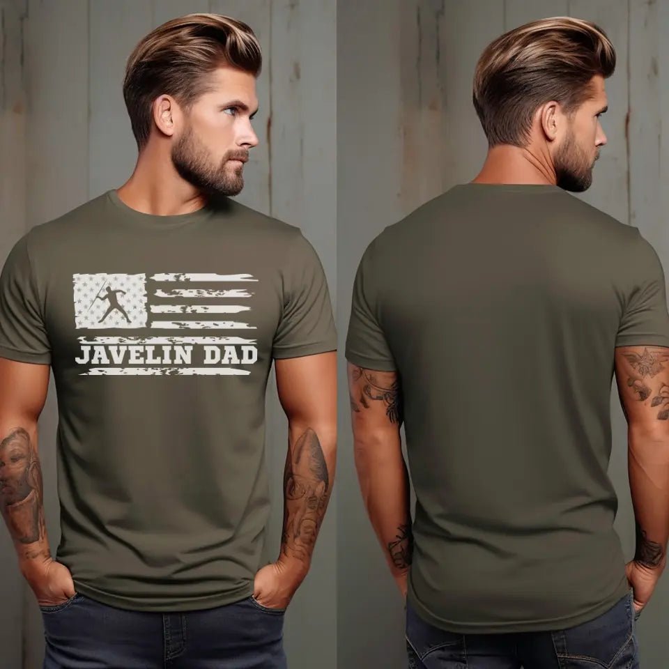 Javelin Dad Horizontal Flag With Javelin Thrower Name on a Men's T-Shirt with a White Graphic