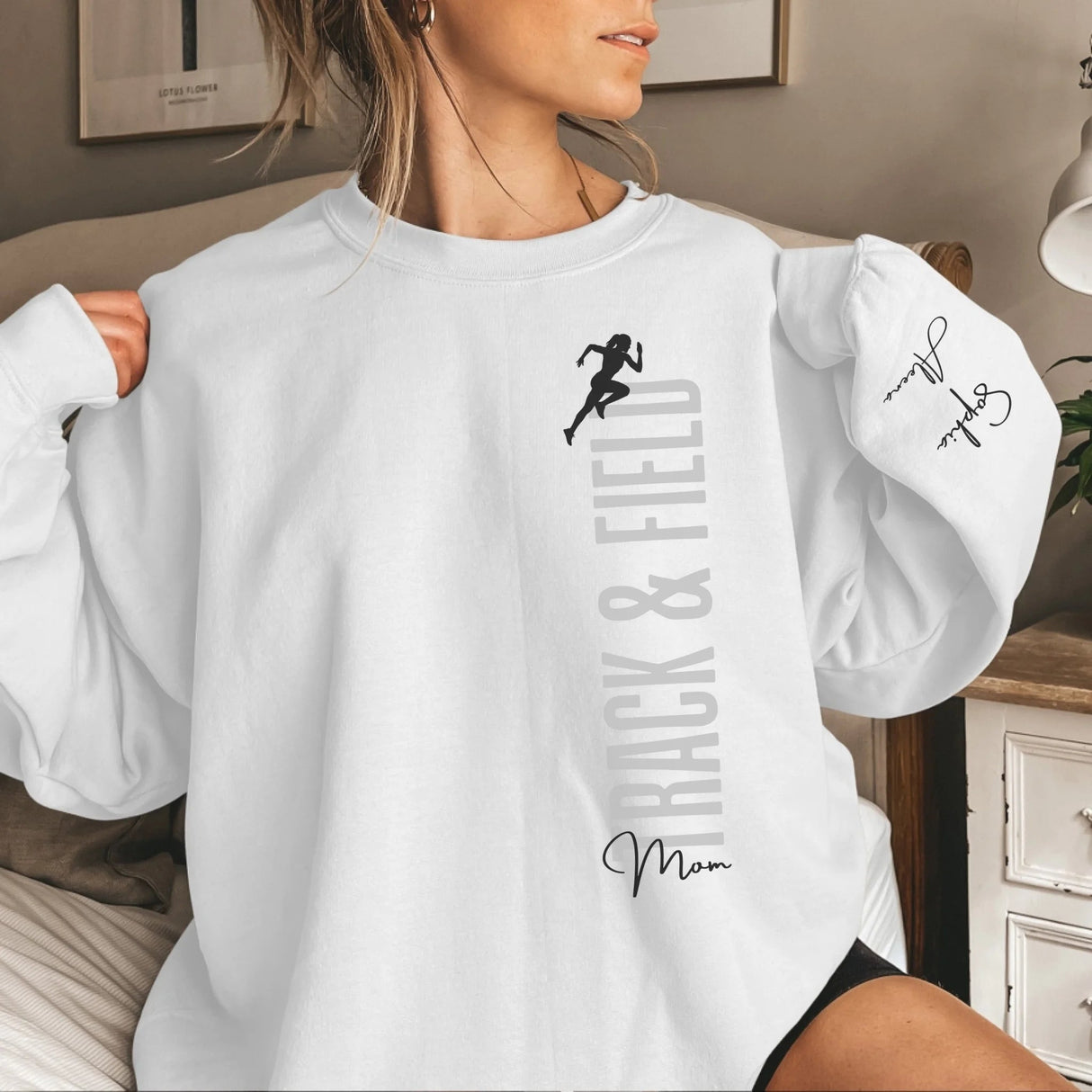 Personalized Javelin Mom on a Sweatshirt With Mascot, Icon, and Javelin Thrower Name on Sleeve on a Sweatshirt
