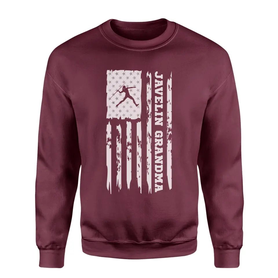 Javelin Grandma Vertical Flag on a Sweatshirt with a White Graphic