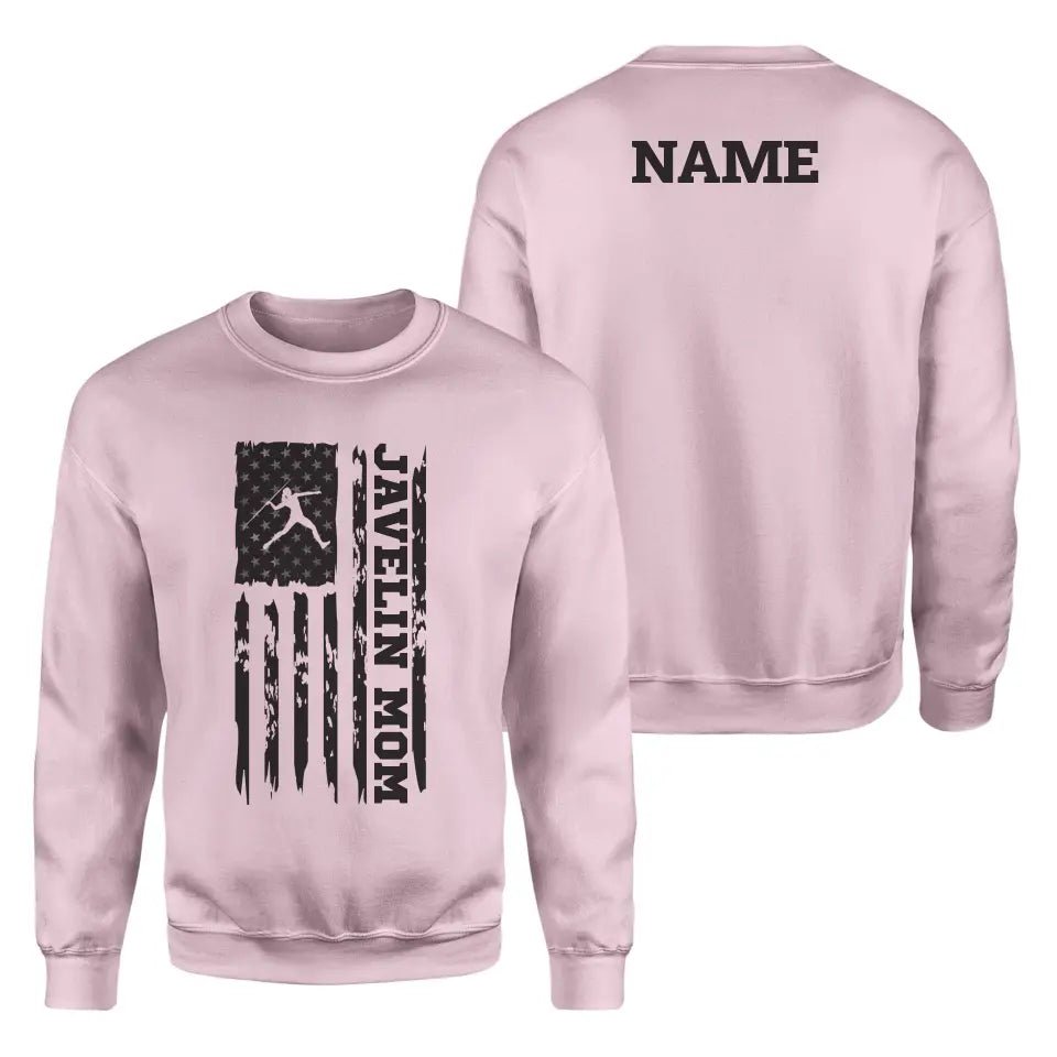 Javelin Mom Vertical Flag With Javelin Thrower Name on a Sweatshirt with a Black Graphic