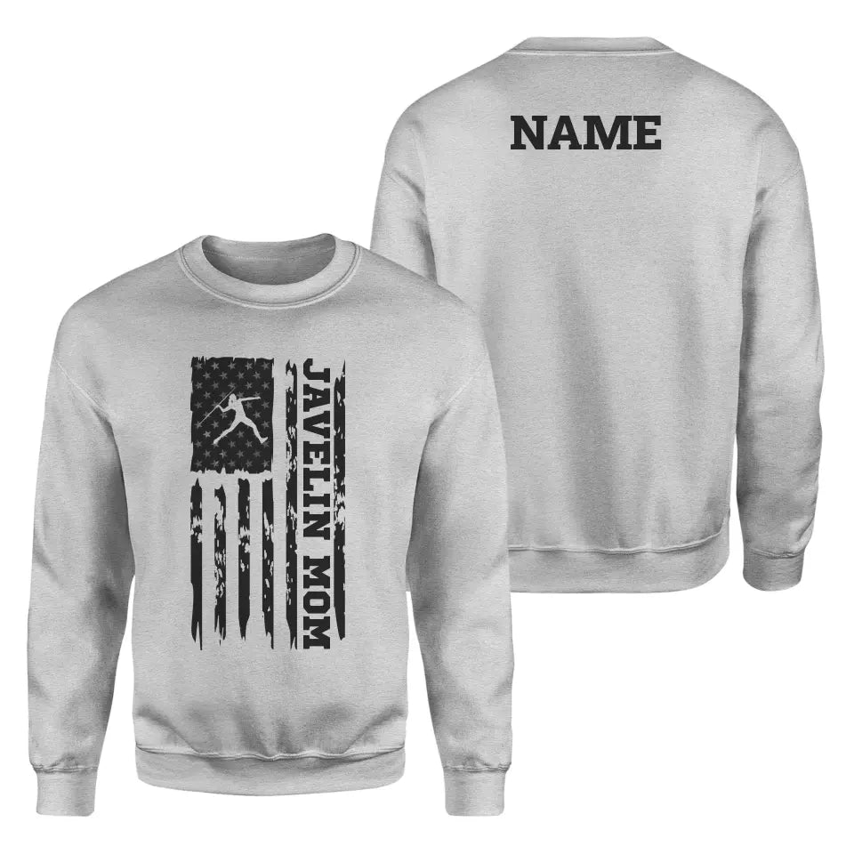 Javelin Mom Vertical Flag With Javelin Thrower Name on a Sweatshirt with a Black Graphic