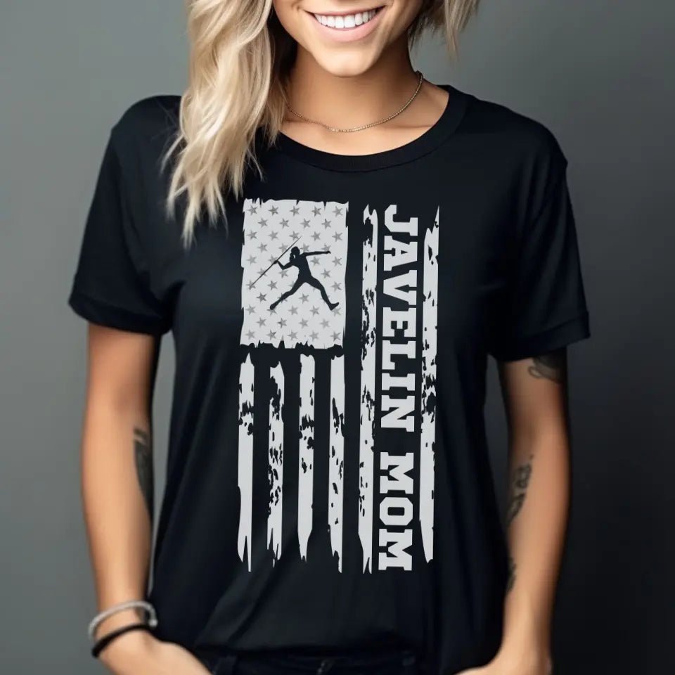Javelin Mom Vertical Flag on a Unisex T-Shirt with a White Graphic
