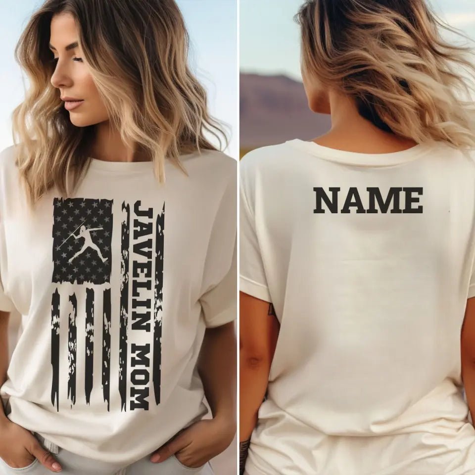 Javelin Mom Vertical Flag With Javelin Thrower Name on a Unisex T-Shirt with a Black Graphic