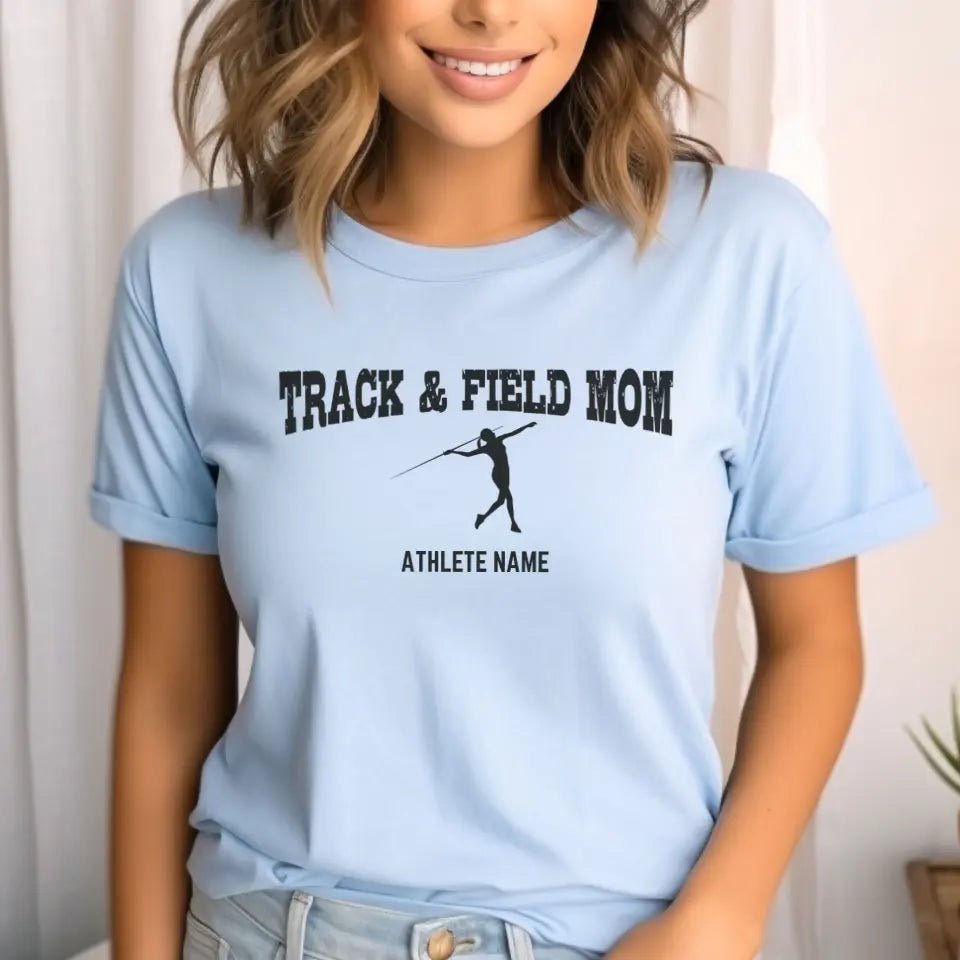 Javelin Mom with Javelin Thrower Icon and Javelin Thrower Name on a Unisex T-Shirt with a Black Graphic