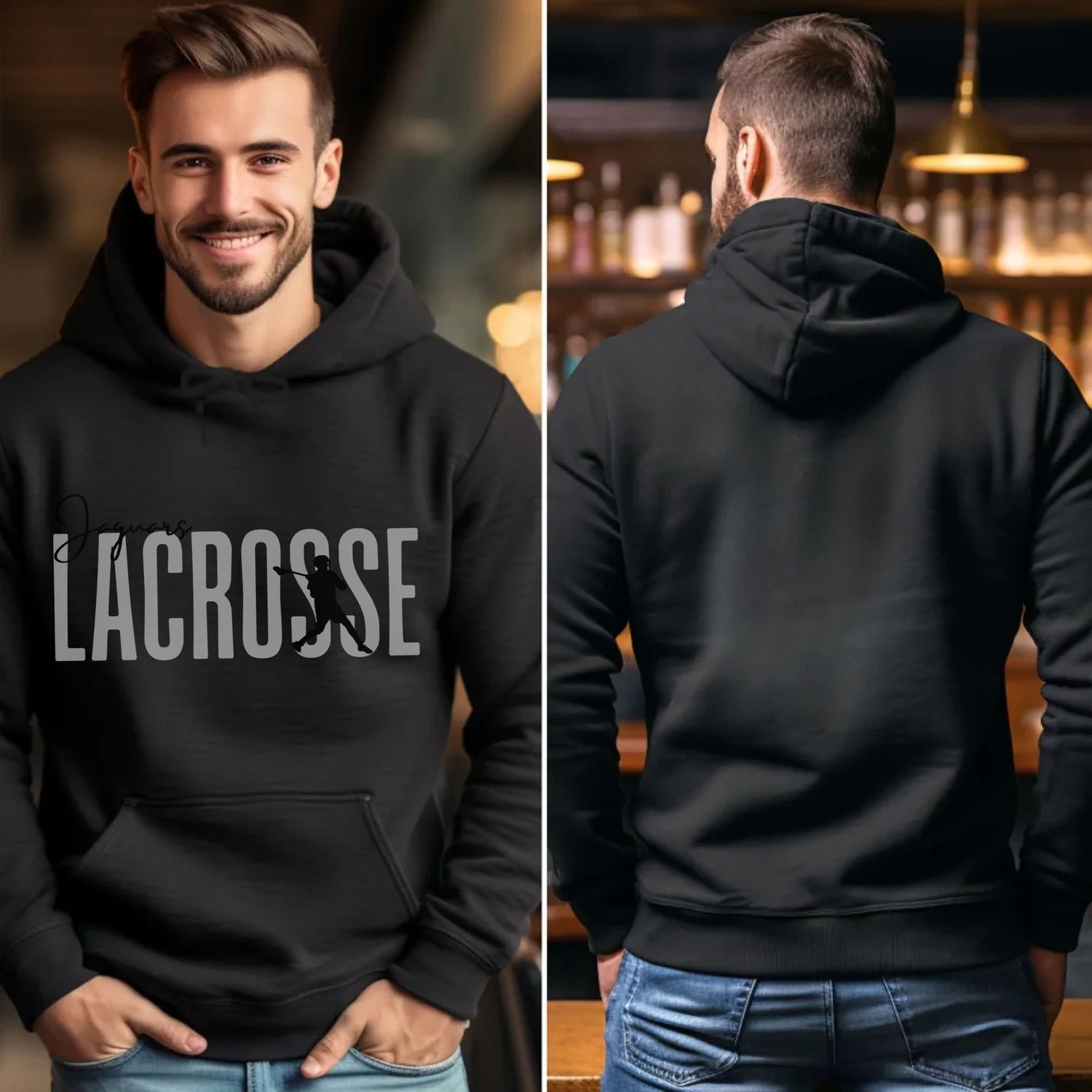 Personalized Lacrosse on a Hoodie With Modern Bold Designs and Lacrosse Player Name on Sleeve on a Hoodie