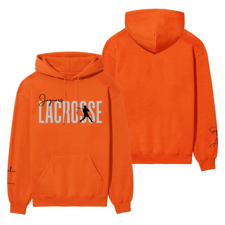 Personalized Lacrosse on a Hoodie With Modern Bold Designs and Lacrosse Player Name on Sleeve on a Hoodie