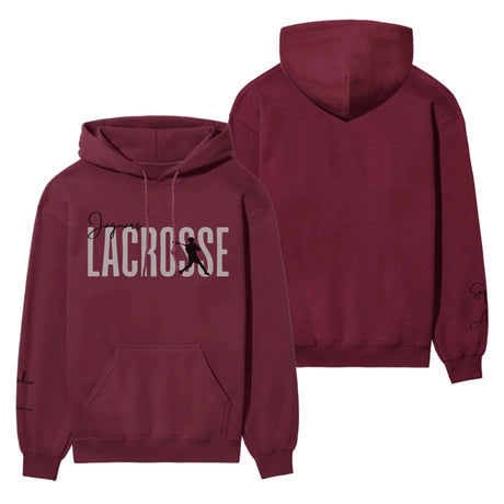 Personalized Lacrosse on a Hoodie With Modern Bold Designs and Lacrosse Player Name on Sleeve on a Hoodie