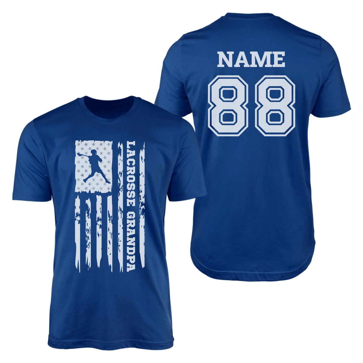 Lacrosse Grandpa Vertical Flag With Lacrosse Player Name on a Men's T-Shirt with a White Graphic