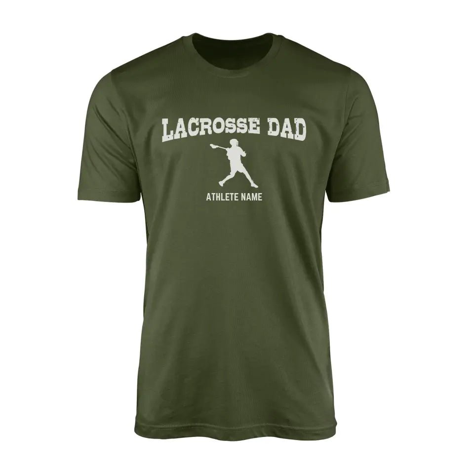 Lacrosse Dad with Lacrosse Player Icon and Lacrosse Player Name on a Men's T-Shirt with a White Graphic