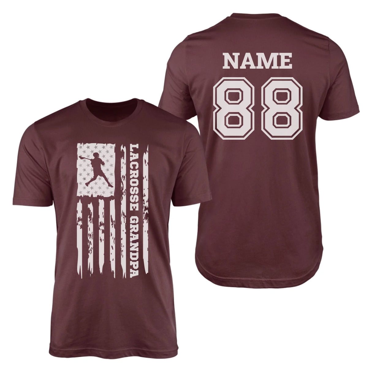 Lacrosse Grandpa Vertical Flag With Lacrosse Player Name on a Men's T-Shirt with a White Graphic