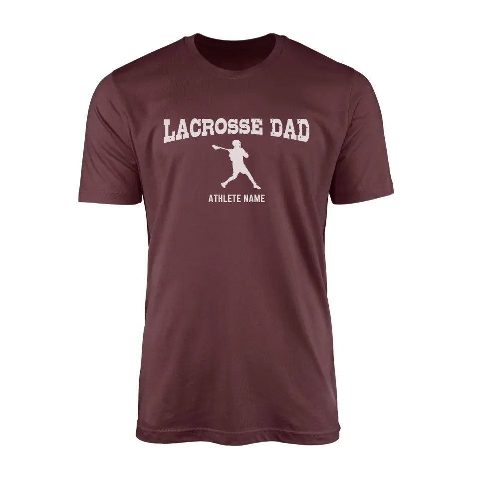 Lacrosse Dad with Lacrosse Player Icon and Lacrosse Player Name on a Men's T-Shirt with a White Graphic