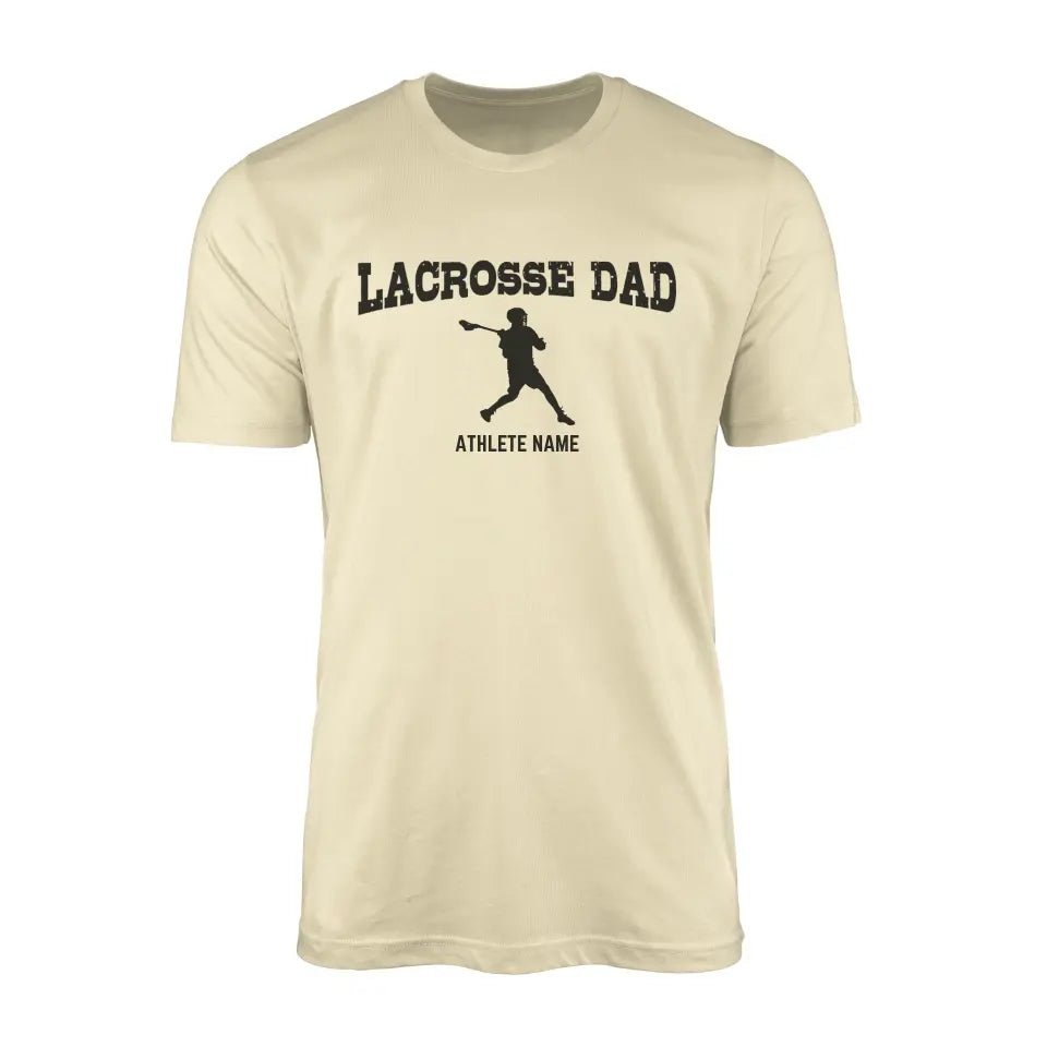 Lacrosse Dad with Lacrosse Player Icon and Lacrosse Player Name on a Men's T-Shirt with a Black Graphic