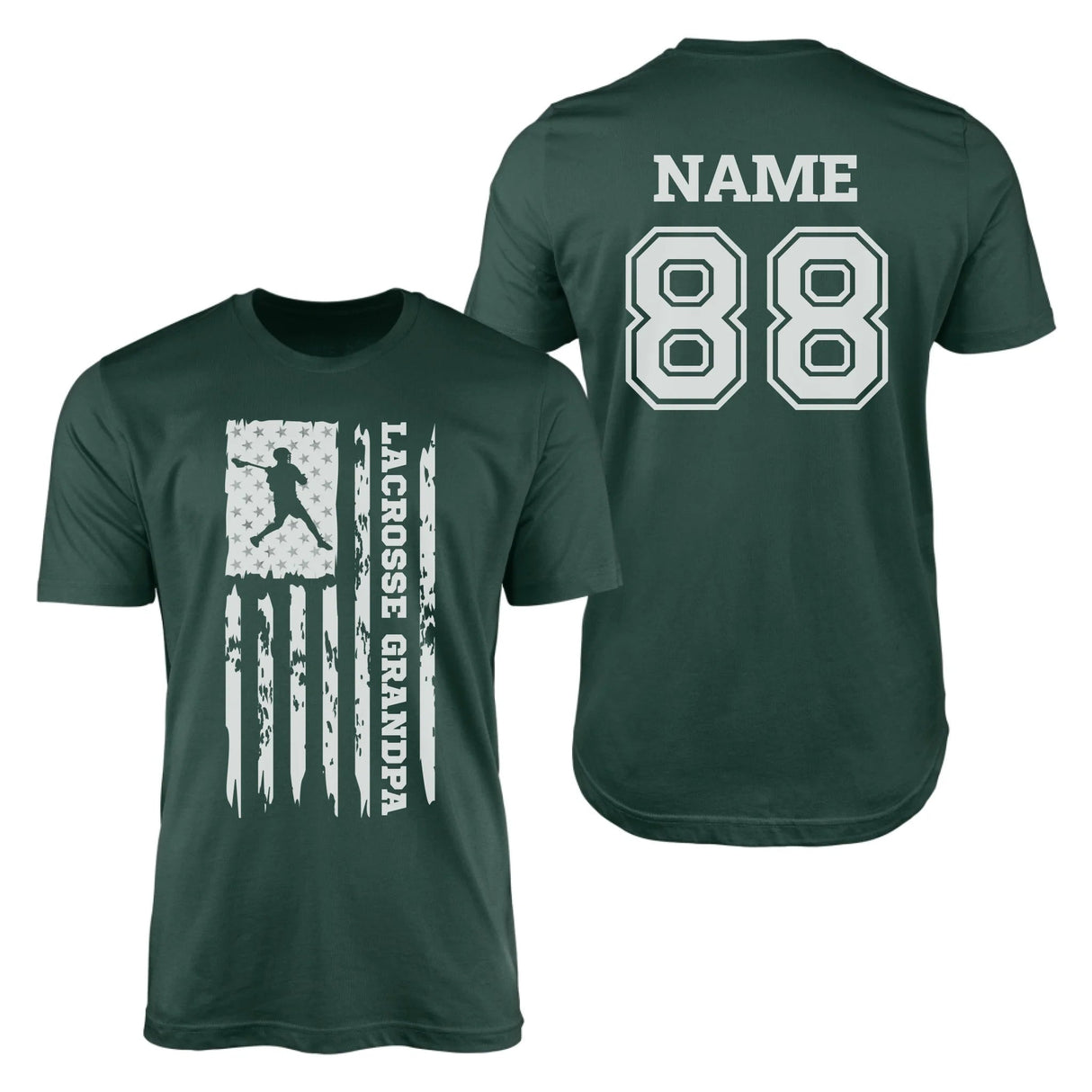 Lacrosse Grandpa Vertical Flag With Lacrosse Player Name on a Men's T-Shirt with a White Graphic
