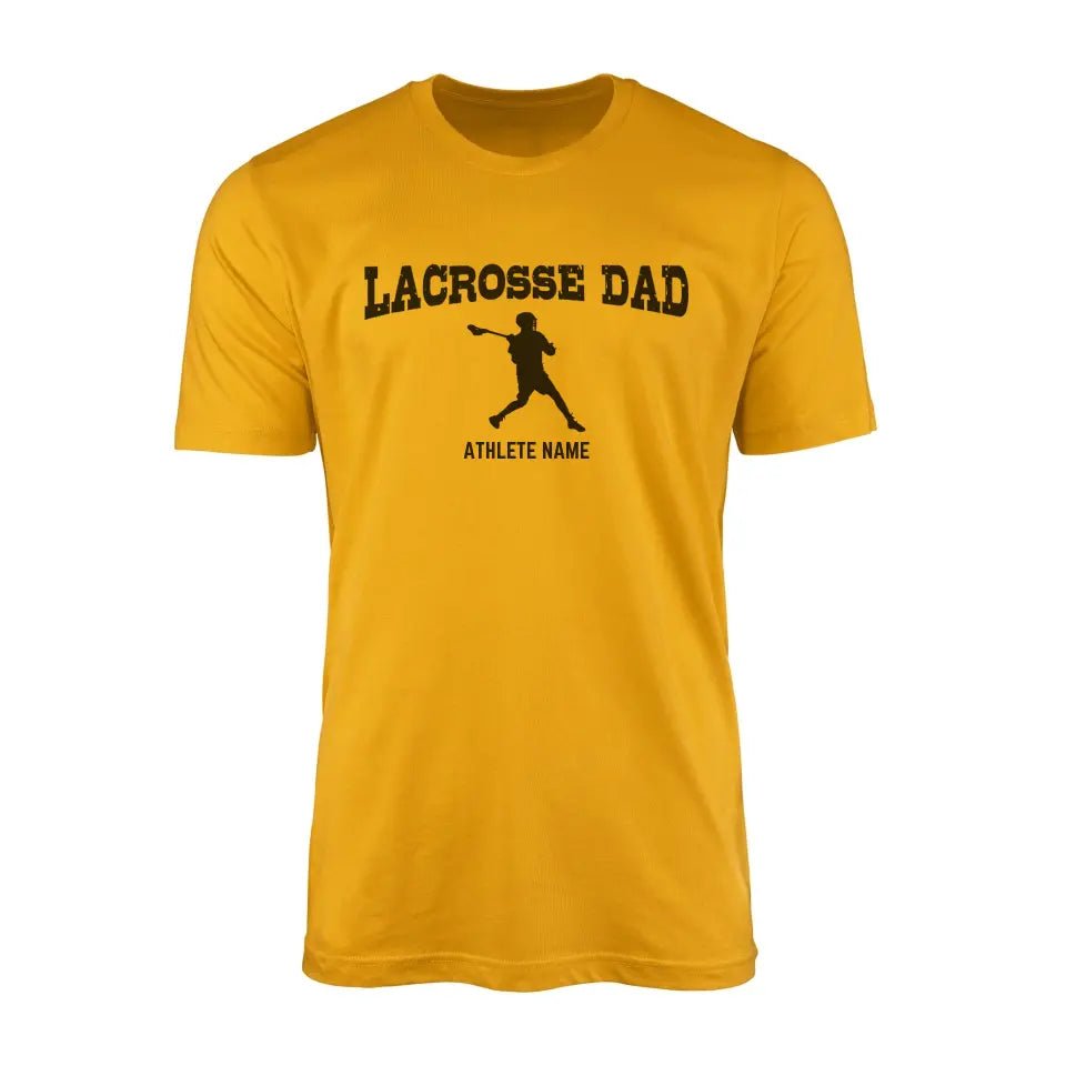 Lacrosse Dad with Lacrosse Player Icon and Lacrosse Player Name on a Men's T-Shirt with a Black Graphic