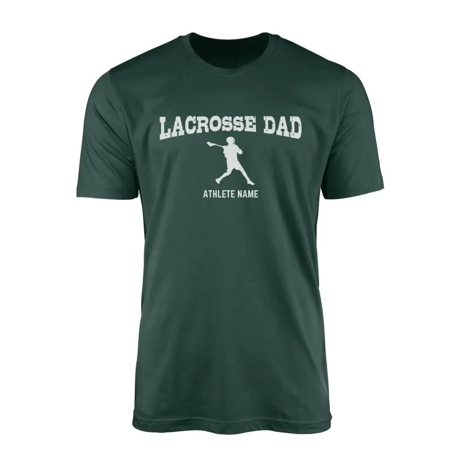 Lacrosse Dad with Lacrosse Player Icon and Lacrosse Player Name on a Men's T-Shirt with a White Graphic