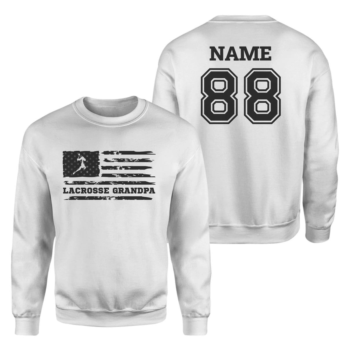 Lacrosse Grandpa Horizontal Flag With Lacrosse Player Name on a Sweatshirt with a Black Graphic