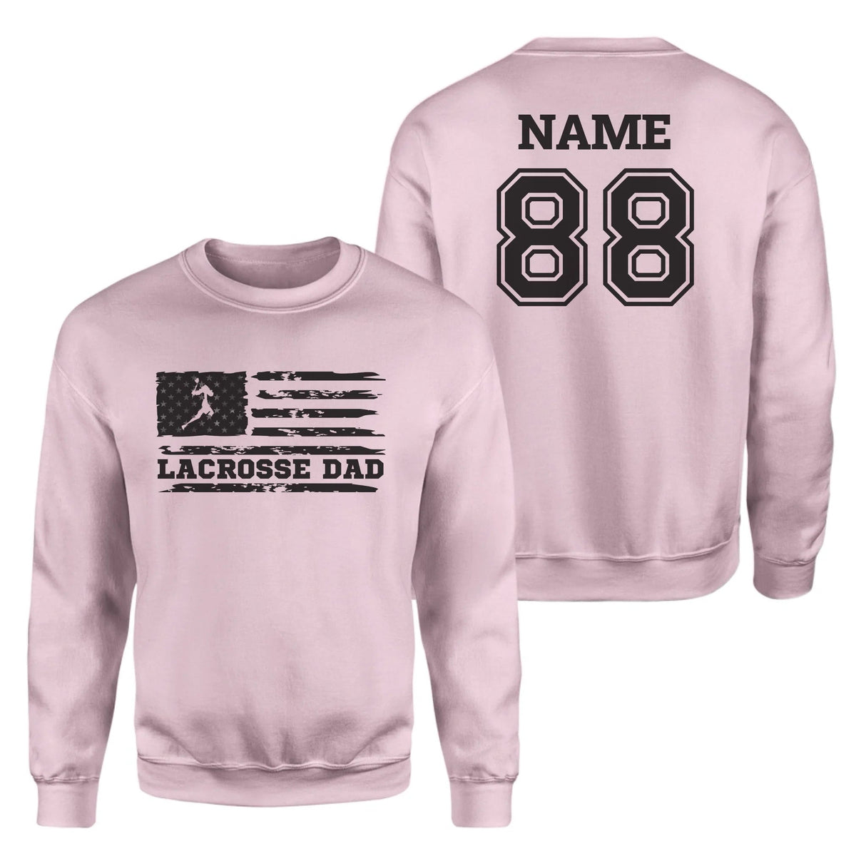 Lacrosse Dad Horizontal Flag With Lacrosse Player Name on a Sweatshirt with a Black Graphic